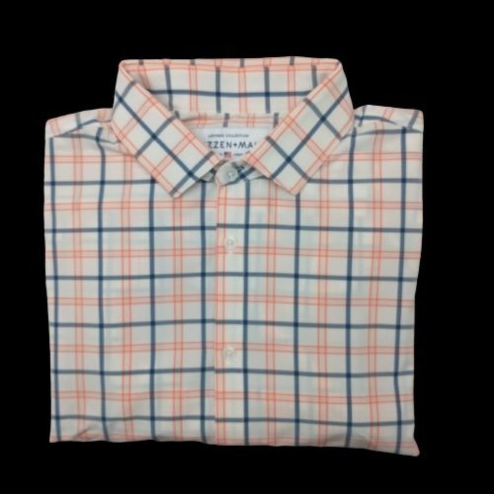 Mizzen + Main Leeward Mens XL Orange Blue Plaid Check Trim Fit Dress Shirt
